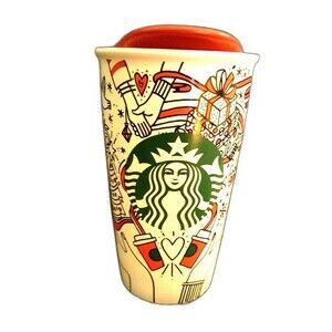 Starbucks Ceramic Tumbler 12oz  Holiday 2017 Coffee Cup with Red Lid Travel Mug